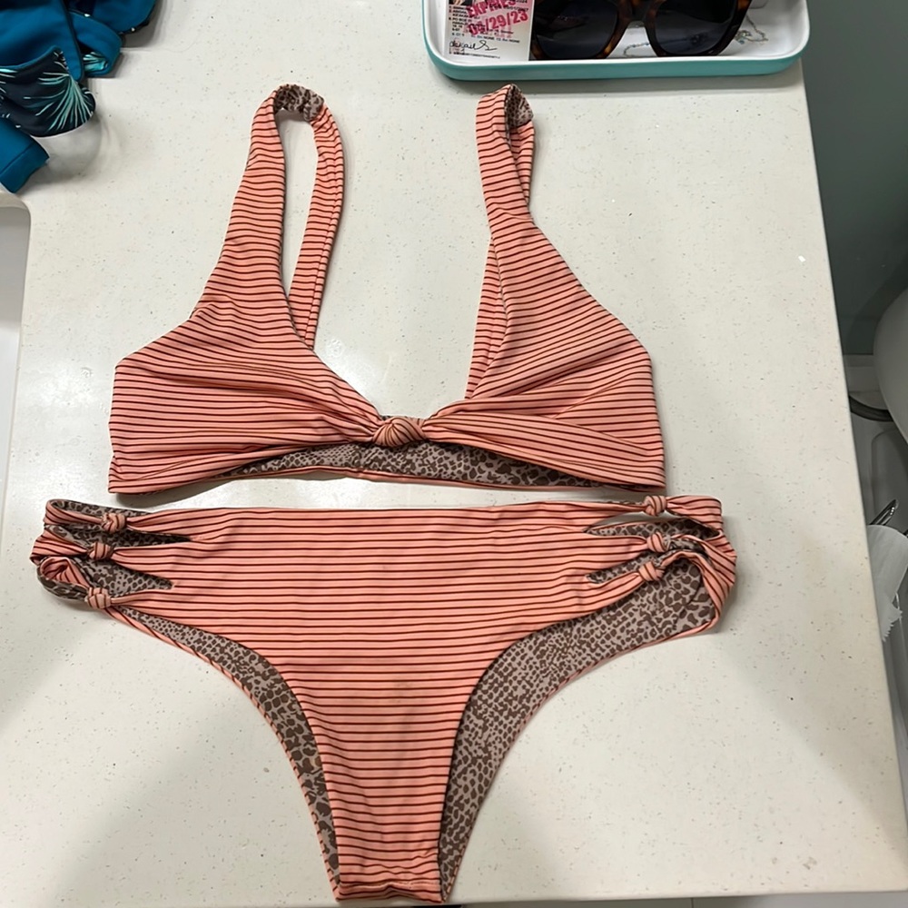 Orange cheetah acacia bikini set (top size Large, Bottoms size Medium)